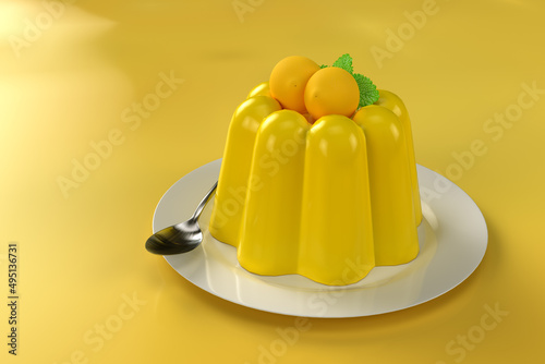 3d rendering - Lemon Pudding on plate with spoon, high quality details