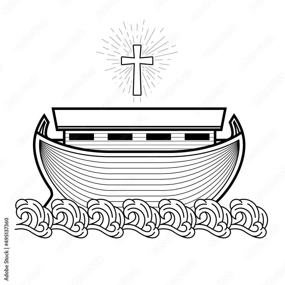The ark of Noah on waves, biblical wooden ship and crucifix, flood saving holy boat, vector