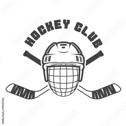 Ice hockey emblem with helmet and two crossed hockey sticks, vector