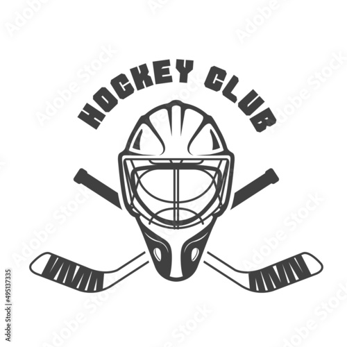 Ice hockey emblem with goalkeeper helmet and crossed hockey sticks, vector