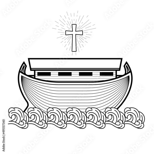 The ark of Noah on waves, biblical wooden ship and crucifix, flood saving holy boat, vector