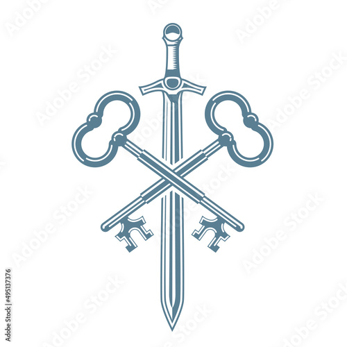 Two crossed antique keys and sword, medieval blazon, knight coat of arms with key, vector