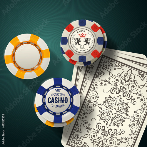 Poker table with playing cards and casino gambling chip, vector
