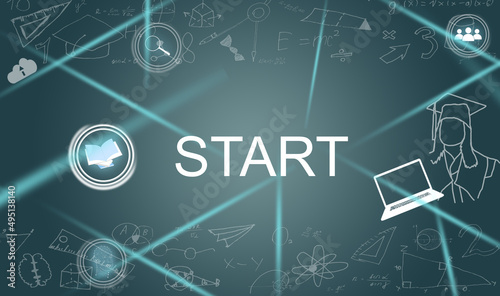 Finger pressing a push button to start a leadership online course. Concept of on-line leader classes or training.