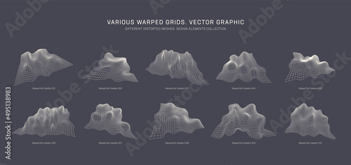 Various Warped Grids Vector Abstract Graphic Design Elements Isolated On Grey Background. Different Distorted Meshes Collection. Assorted Wireframe Wavy Topographic Relief Maps In Different Variations
