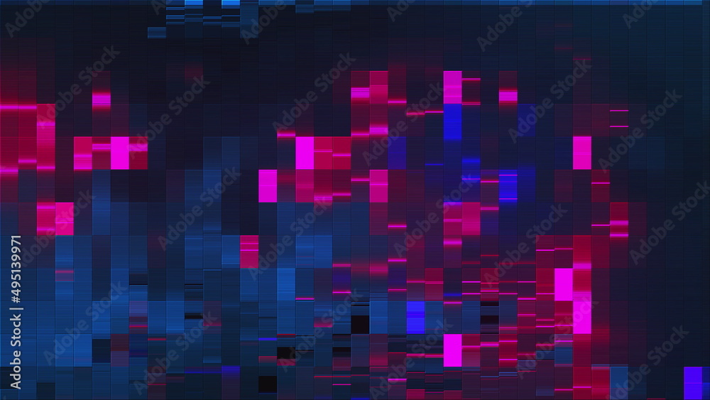 Geometric rectangles with 3d render with bright highlights and minimalistic mosaics. Futuristic digital wall in cyber style. Gradient decoration of synthwave disco and vaporwave web architecture.