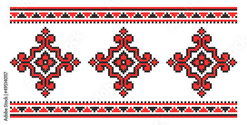Ukrainian cross-stitch vector ornament scheme. Black and red illustration