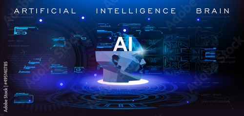 Concept of artificial intelligence brain. Abstract glowing digital brain with user interface. Futuristic artificial intelligence brain design with futuristic hud elements