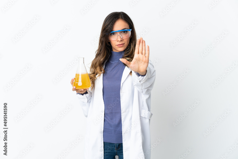 Young scientific woman isolated on white background making stop gesture Young scientific woman isolated on white background making stop gesture
