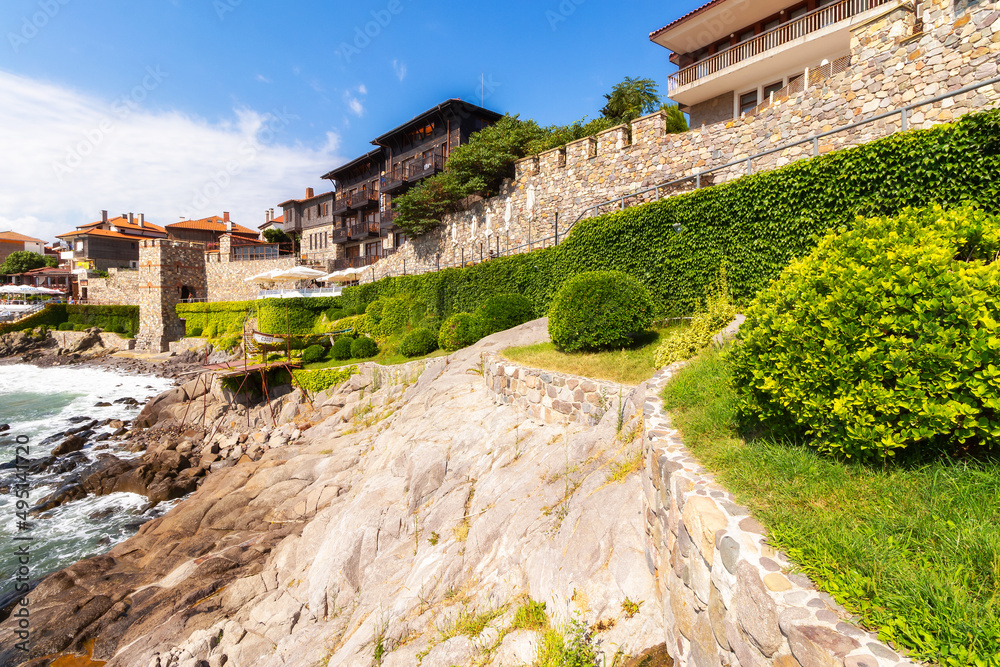 sozopol, bulgaria - AUG 09, 2015: embankment of old town on the seaside. popular travel destination. wonderful summer vacations