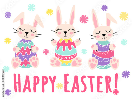 Cute cartoon bunnies with colorful Easter eggs. Children's drawing with pencil texture for traditional greeting cards and posters. Vector horizontal illustration in bright colors with the inscription