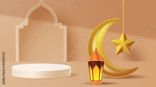 Islamic display podium decoration background with islamic ornament. Vector 3D Illustration