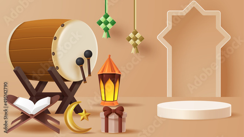 Islamic display podium decoration background with islamic ornament. Vector 3D Illustration