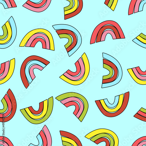 Trendy seamless pattern with colorful rainbow on color background. Design for invitation, poster, card, fabric, textile, fabric. Cute holiday illustration for baby. Scandinavian doodle style