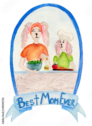 Watercolor illustration for mother's day. Mother chef cooking with her daughter. Card with lettering for greeting mom. photo