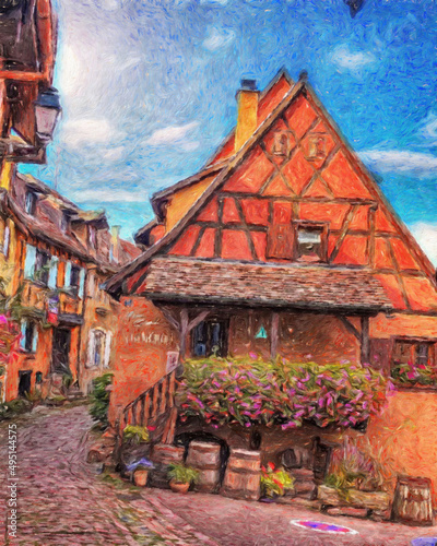 Colorful painting modern artistic artwork, drawing in oil European famous street view, beautiful old vintage house, textured brush strokes, design print for canvas or paper poster, touristic product