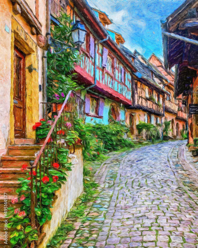 Colorful painting modern artistic artwork, drawing in oil European famous street view, beautiful old vintage house, textured brush strokes, design print for canvas or paper poster, touristic product