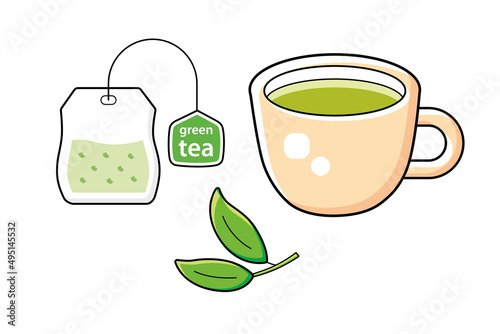 Green tea cup, tea bag with label and two leaves isolated cartoon vector.