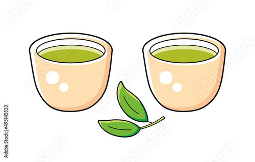 Two small Chinese or Japanese green tea cup and tea branch with leaves isolated cartoon vector