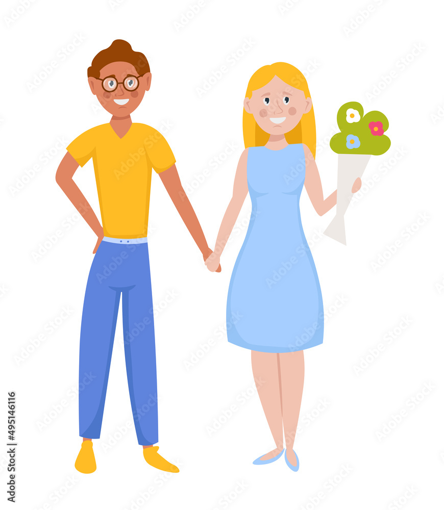 Happy romantic couple hand holding. Cartoon vector illustration