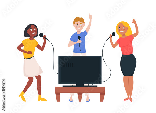 Happy friends having fun and singing karaoke.  Cartoon vector illustration 