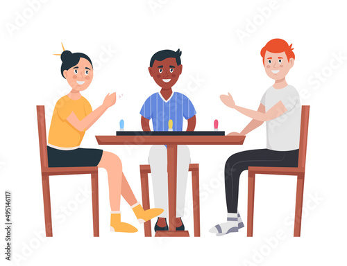 Friends playing board games. Isolated cartoon vector illustration 