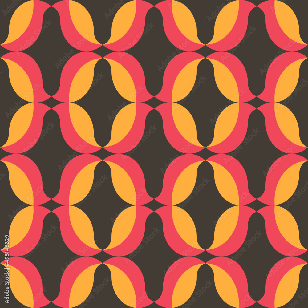 Repeating, seamless pattern of red and gold yellow abstract bird shapes on brown background. Ideal for wrapping paper or greeting card design.