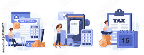 Tax declaration collection of scenes. Characters preparing documents for tax calculation, making income tax return and calculating business invoices. Taxation concept. Vector illustration.