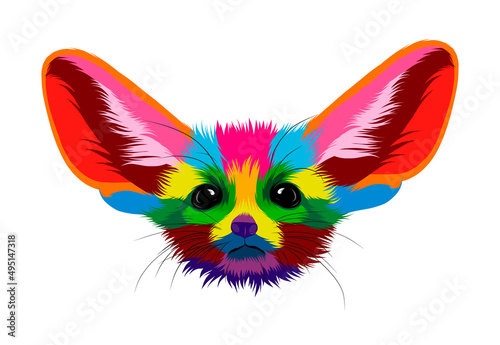 Abstract fennec fox head portrait, sand fox from multicolored paints. Colored drawing. Vector illustration of paints
