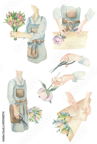 Florist at work. Profession florist. The florist packs flowers. Florist's hands at work.