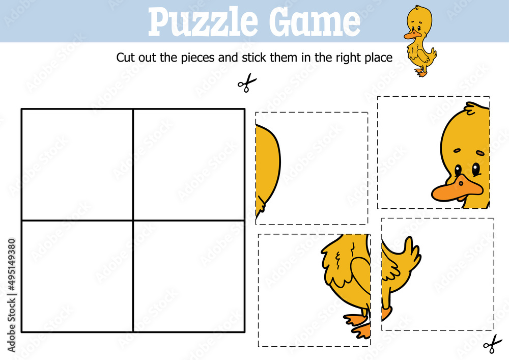 Vector educational kids puzzle game to cut and stick pieces with cartoon duck character