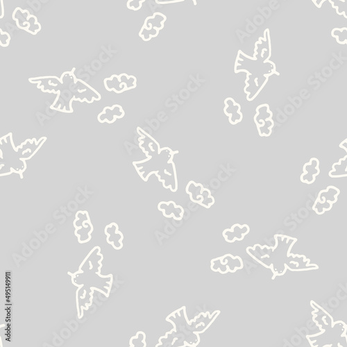 Calm newborn minimal bird seamless pattern. Gender neutral baby nursery decor background. Scandi style sketch wallpaper background tile or toddler inclusive apparel fashion.