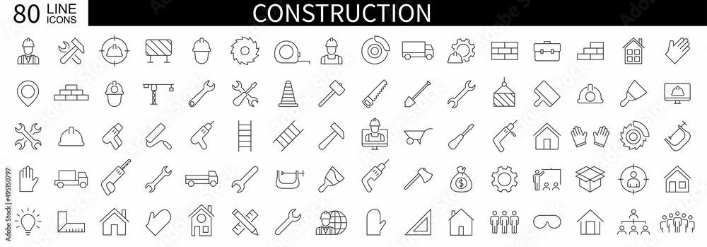 Set 80 construction icons. Building, engineer, business, road, builder, industry. Thin line web icons collection. Vector illustration.