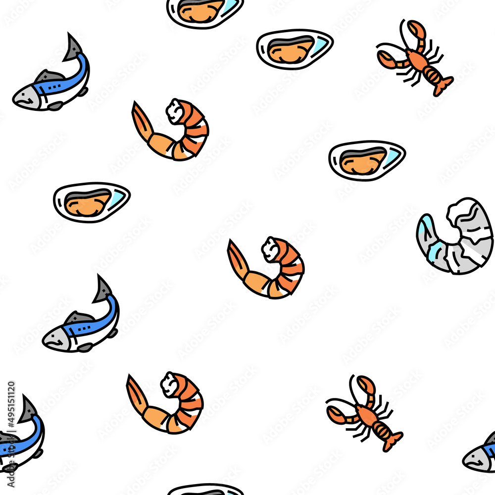 Seafood Cooked Food Dish Menu Vector Seamless Pattern Thin Line Illustration