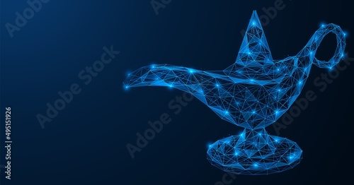 Magic oriental lamp. Polygonal design of interconnected lines and points. Blue background.