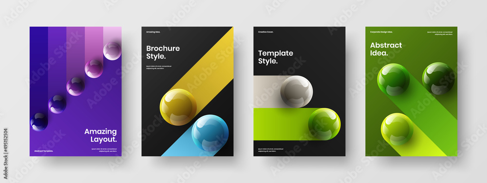 Multicolored cover vector design template composition. Bright 3D balls leaflet concept collection.