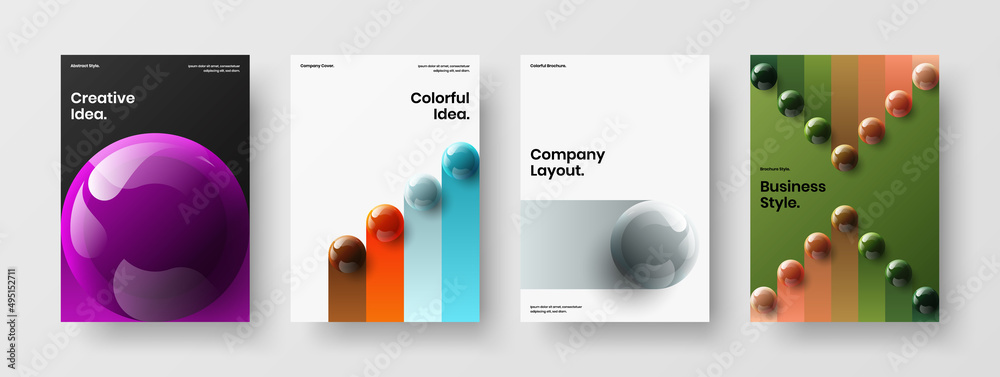 Bright 3D spheres poster illustration set. Modern pamphlet A4 vector design concept bundle.