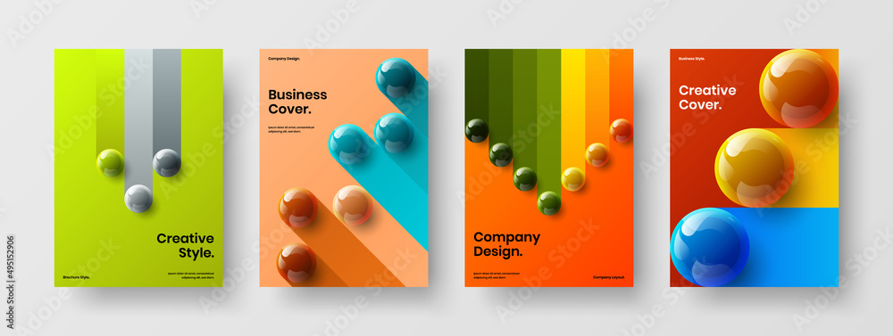 Creative 3D balls magazine cover illustration composition. Colorful annual report A4 vector design concept set.