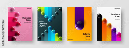 Isolated handbill A4 vector design template set. Amazing 3D spheres pamphlet illustration bundle.