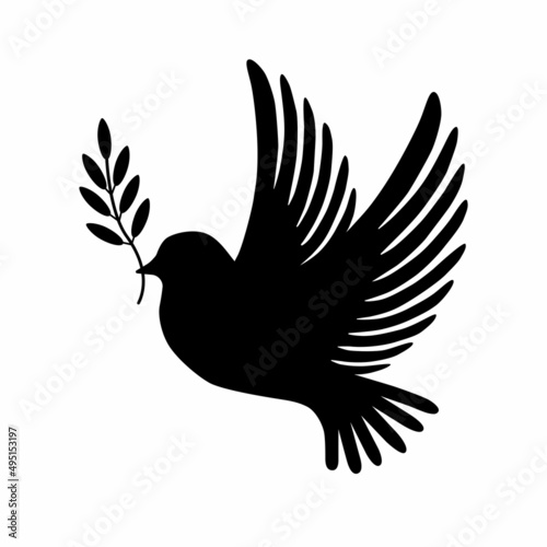 Silhouette Peace dove with olive branch. Vector illustration isolated on white background.