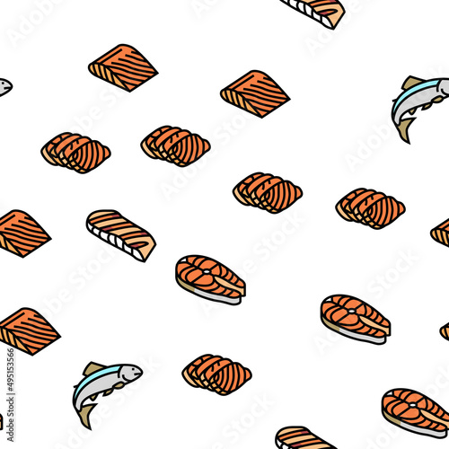 Salmon Fish Delicious Seafood Vector Seamless Pattern Thin Line Illustration