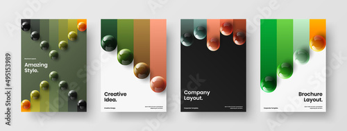 Clean 3D spheres book cover concept composition. Amazing front page design vector layout set.