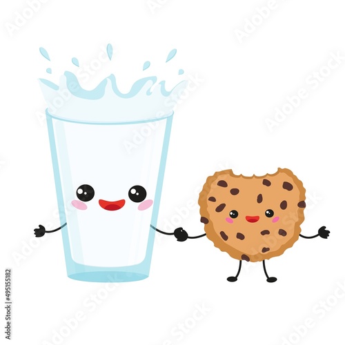 Cute Cheerful glass of milk and cookies. Vector cartoon illustration.