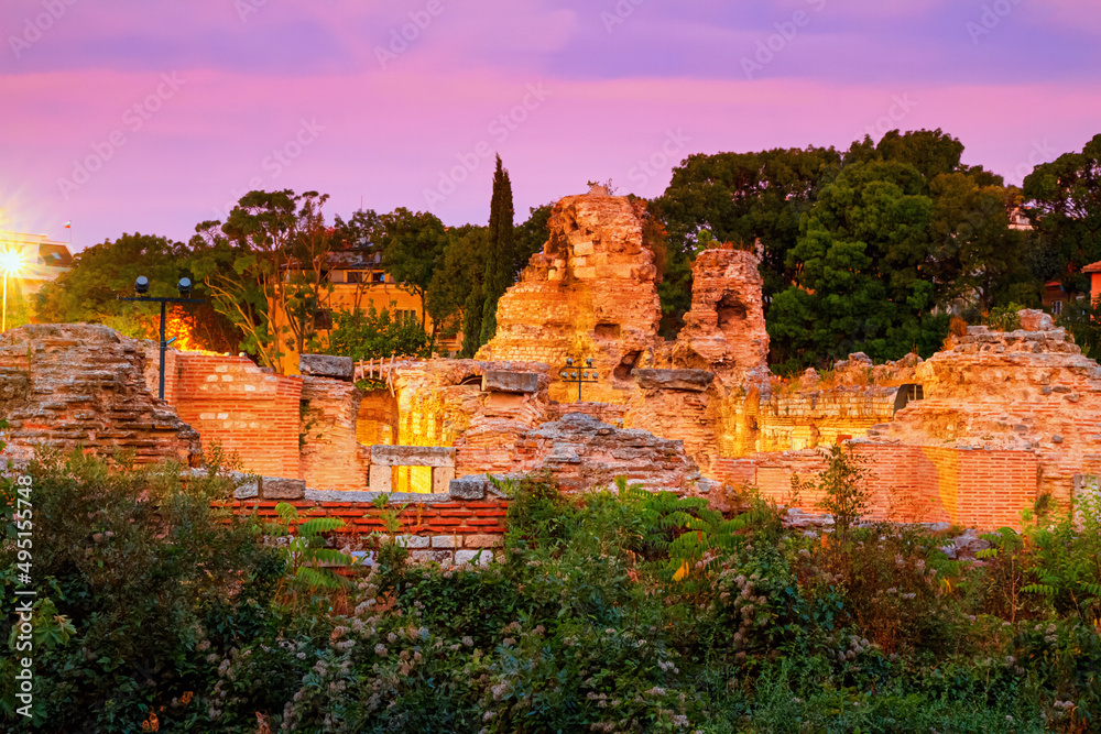 Dawn view of the ruins of thermae of ancient Roman Odessos, in the city of Varna, on the Black Sea coast of Bulgaria