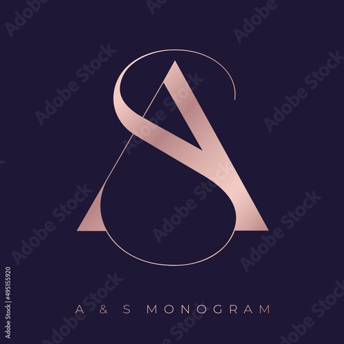 Letter A and Letter S. A and S monogram consists of merged letters. Luxury goods emblem from pink gold.