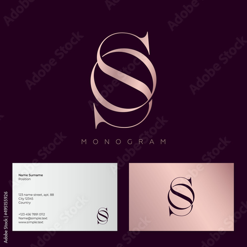 Letter S and Letter O. S and O monogram consists of intertwined elements. Luxury goods emblem from pink gold. Business card.