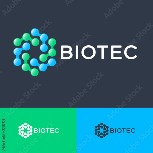 Biotech logo. Abstract round shapes like molecules or gene in hexagon. Business card.