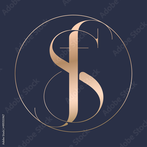 Letter S and Letter F. S and F monogram consists of intertwined elements. Gold and emblem into circle. Fashion Salon logo.