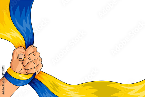 Clenched fist holding the ribbon of the Ukrainian flag. Man hand with flag is raised up. Background as symbol of national unity and freedom. Independence Day. Solidarity with Ukraine. Vector EPS10