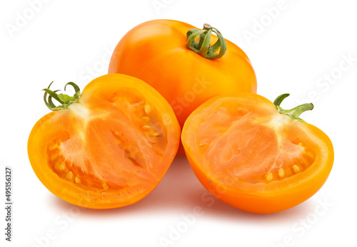 sliced orange tomato path isolated on white